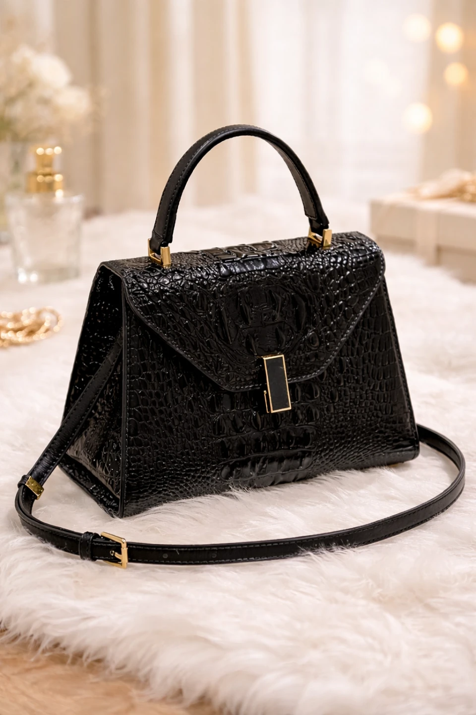 Black Croc-Embossed Top Handle Bag - photo 2