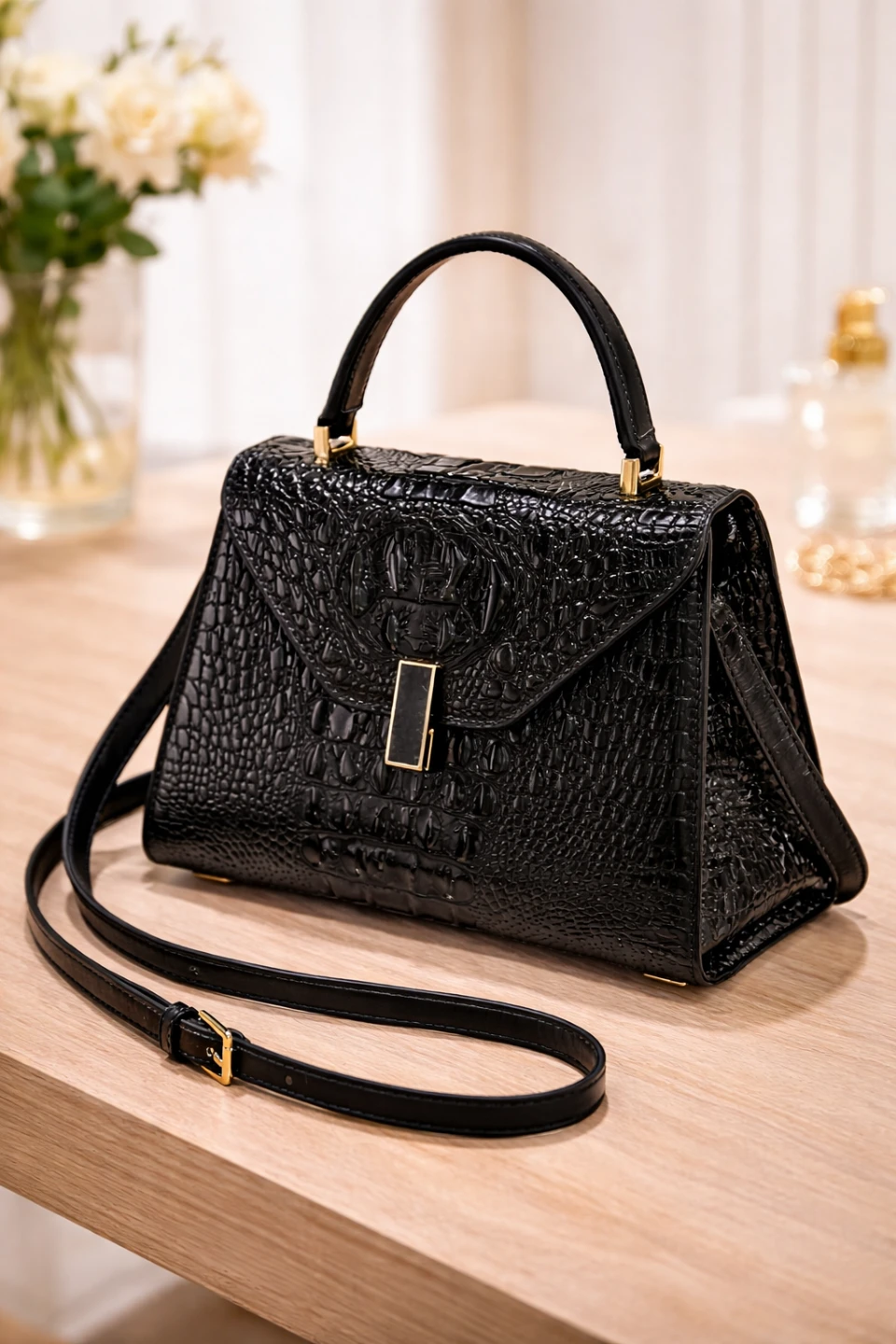 Black Croc-Embossed Top Handle Bag - photo 3