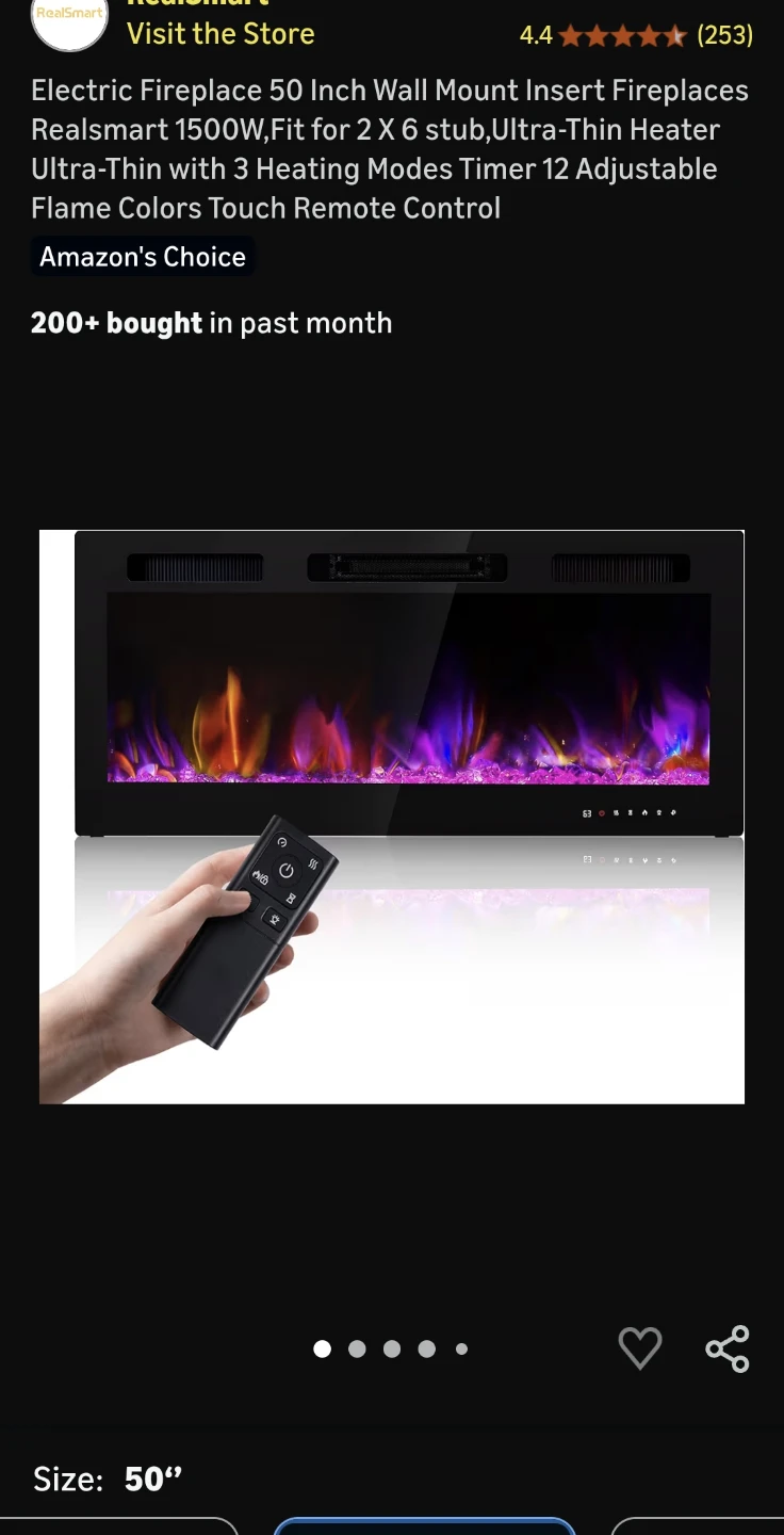 Realsmart 50 Inch Wall Mount Electric Fireplace