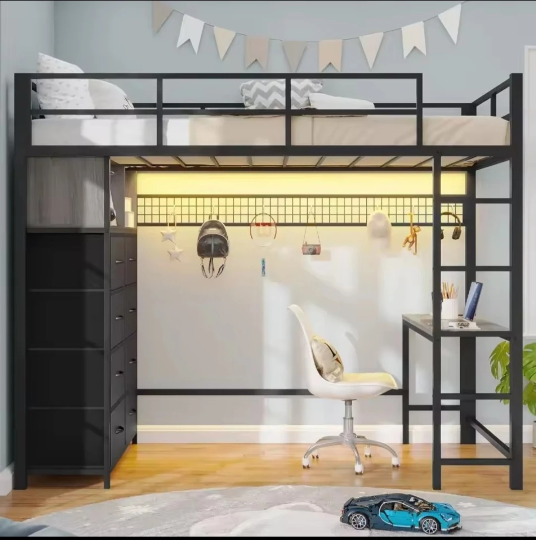 Loft Bed with Desk and 8 Drawers - Black Metal Frame