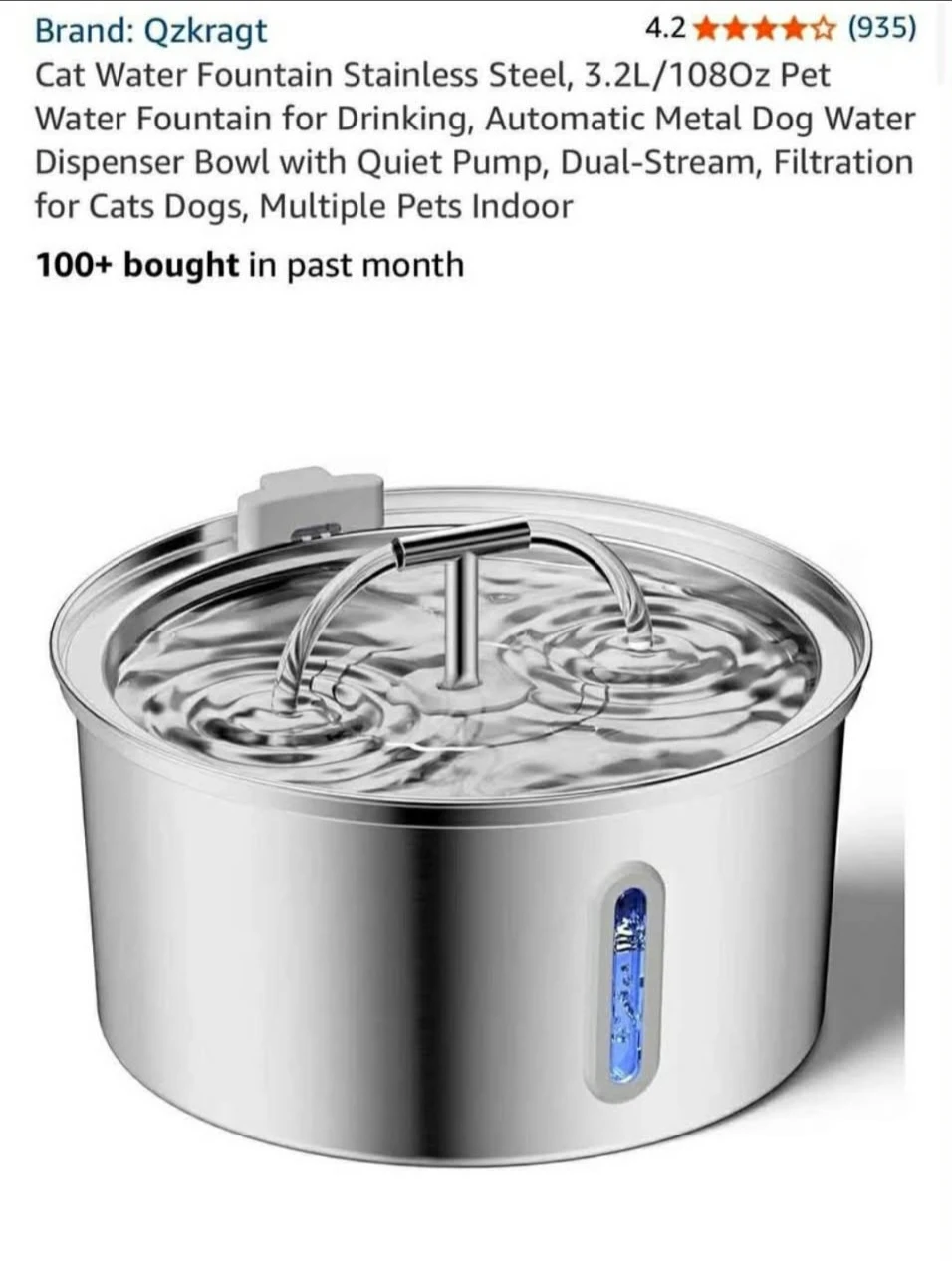 Cat Water Fountain Stainless Steel, 3.2L/108Oz Pet Water Foun...