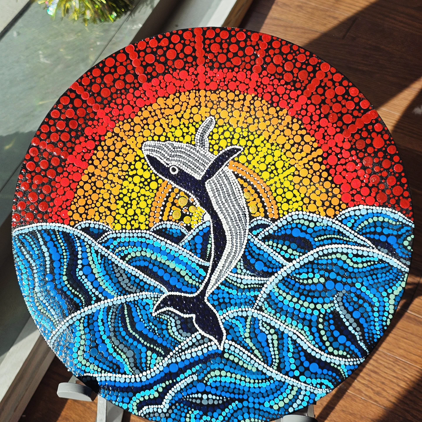 Whale Jumping at Sunset Dot Art Round Wall Hanging