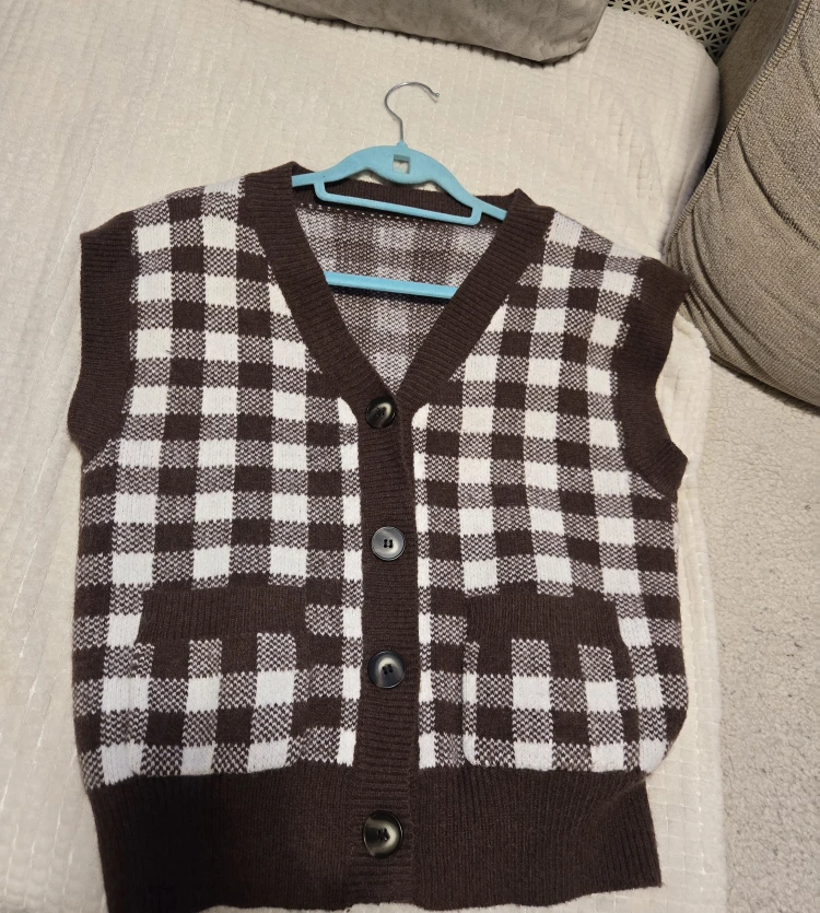 Brown and White Checkered Cardigan Vest