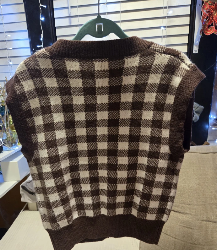 Brown and White Checkered Cardigan Vest - photo 2