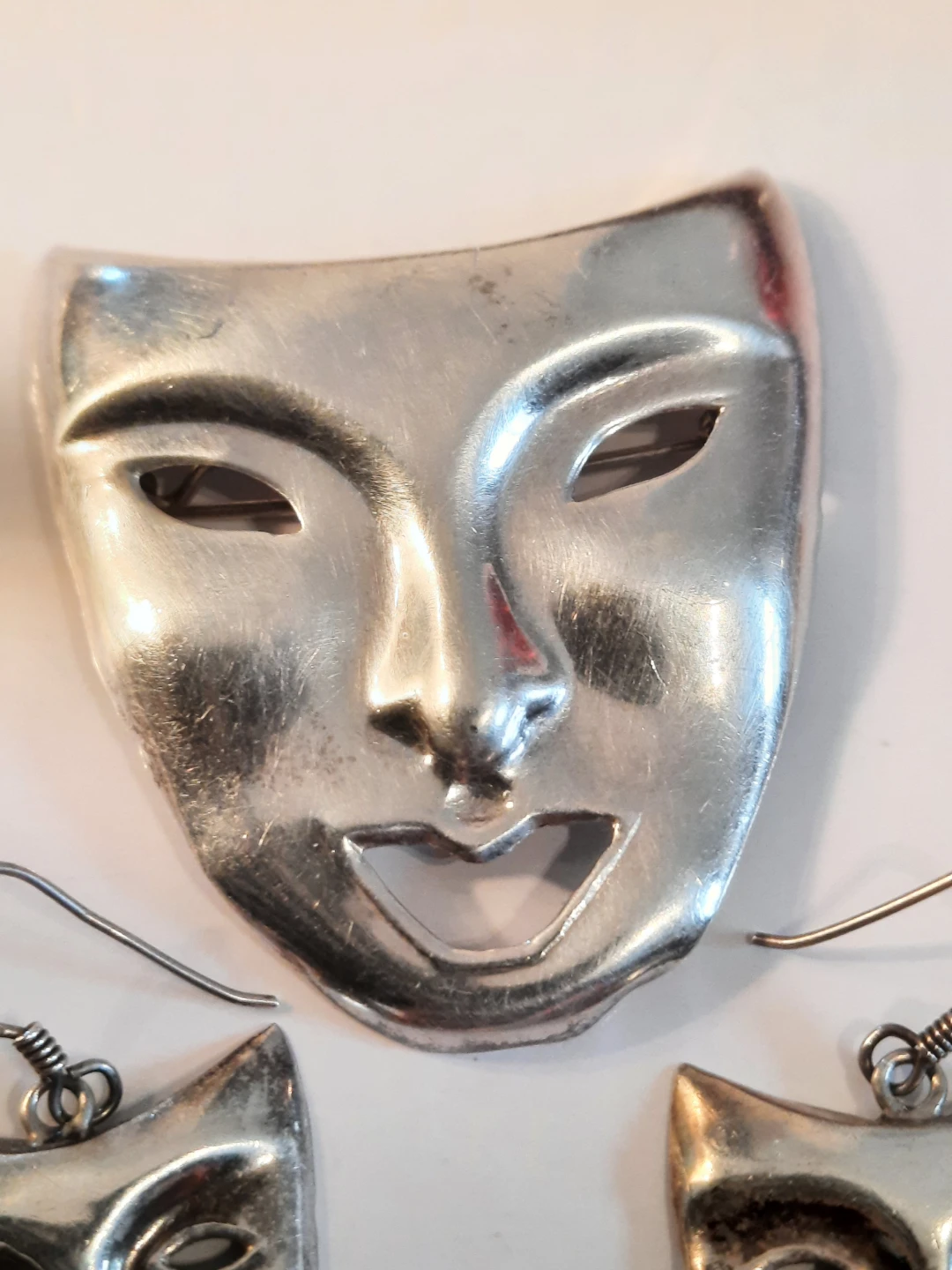 Vintage ND 925 Silver Mask Brooch & Earrings Set - photo 2