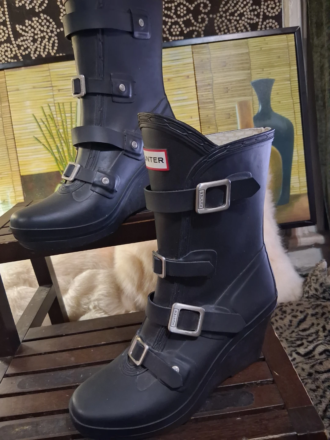 Hunter Black Rubber Wedge Buckle Boots - US 7 - photo 4