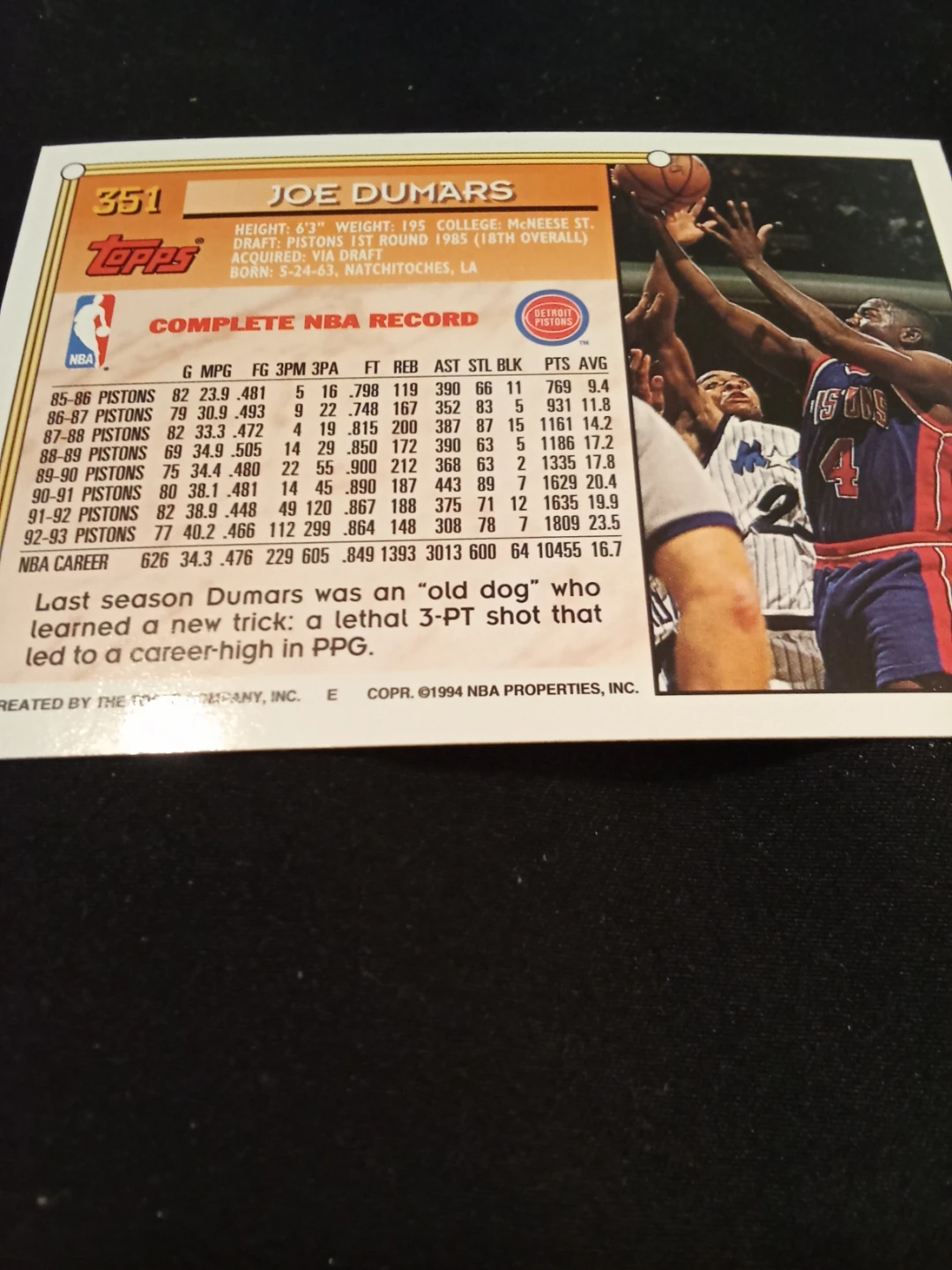1994 Topps Joe Dumars Detroit Pistons Basketball Card #351 - photo 2