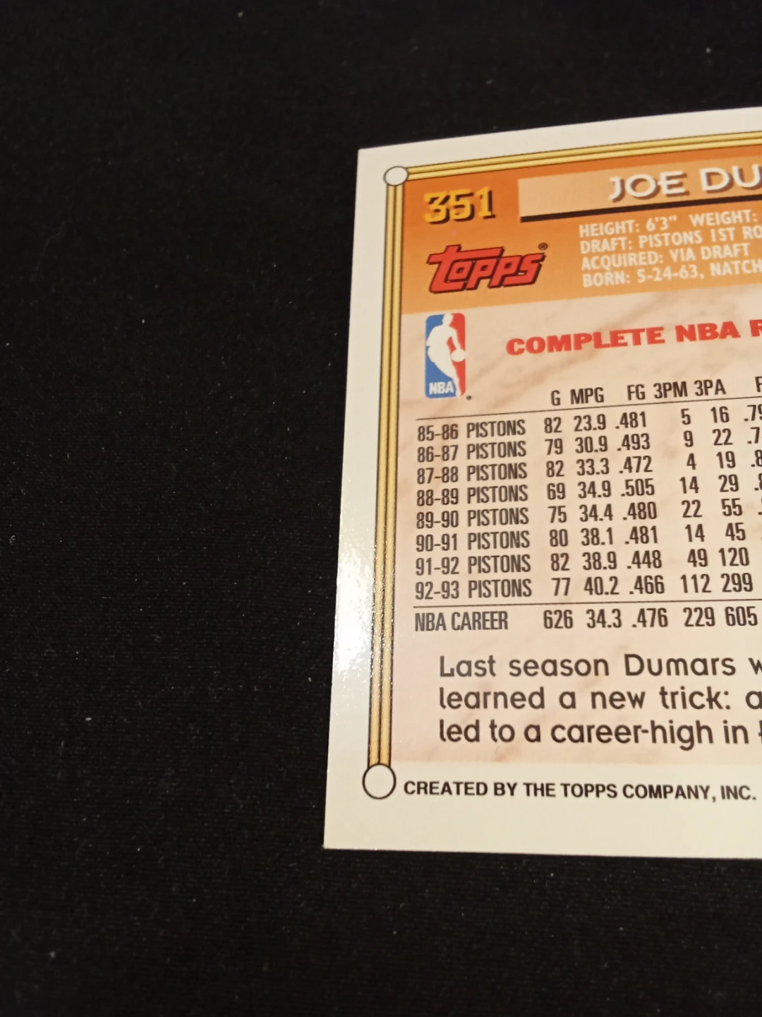 1994 Topps Joe Dumars Detroit Pistons Basketball Card #351 - photo 3