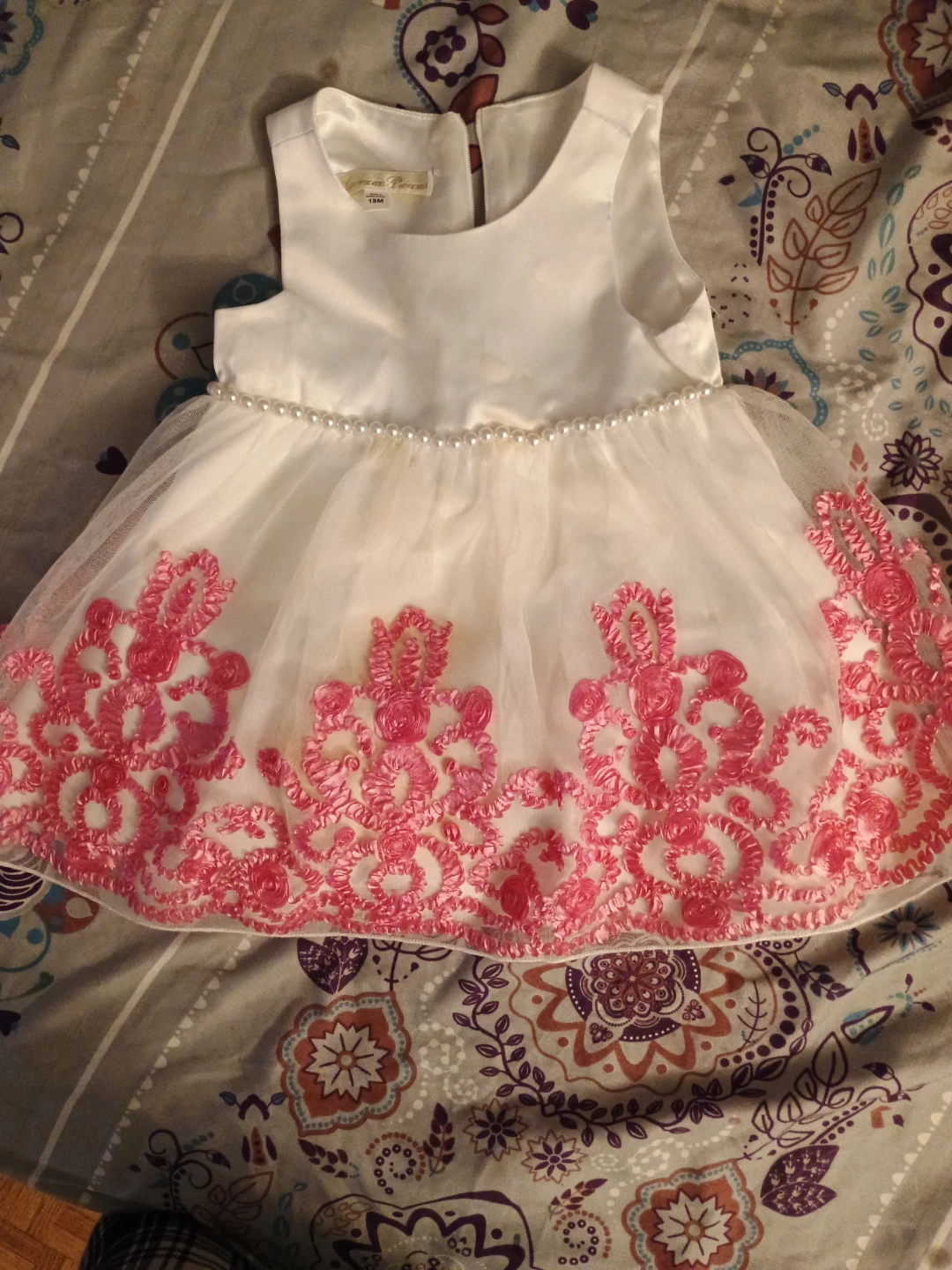 White and Pink Dress with Pearls - 18 Months