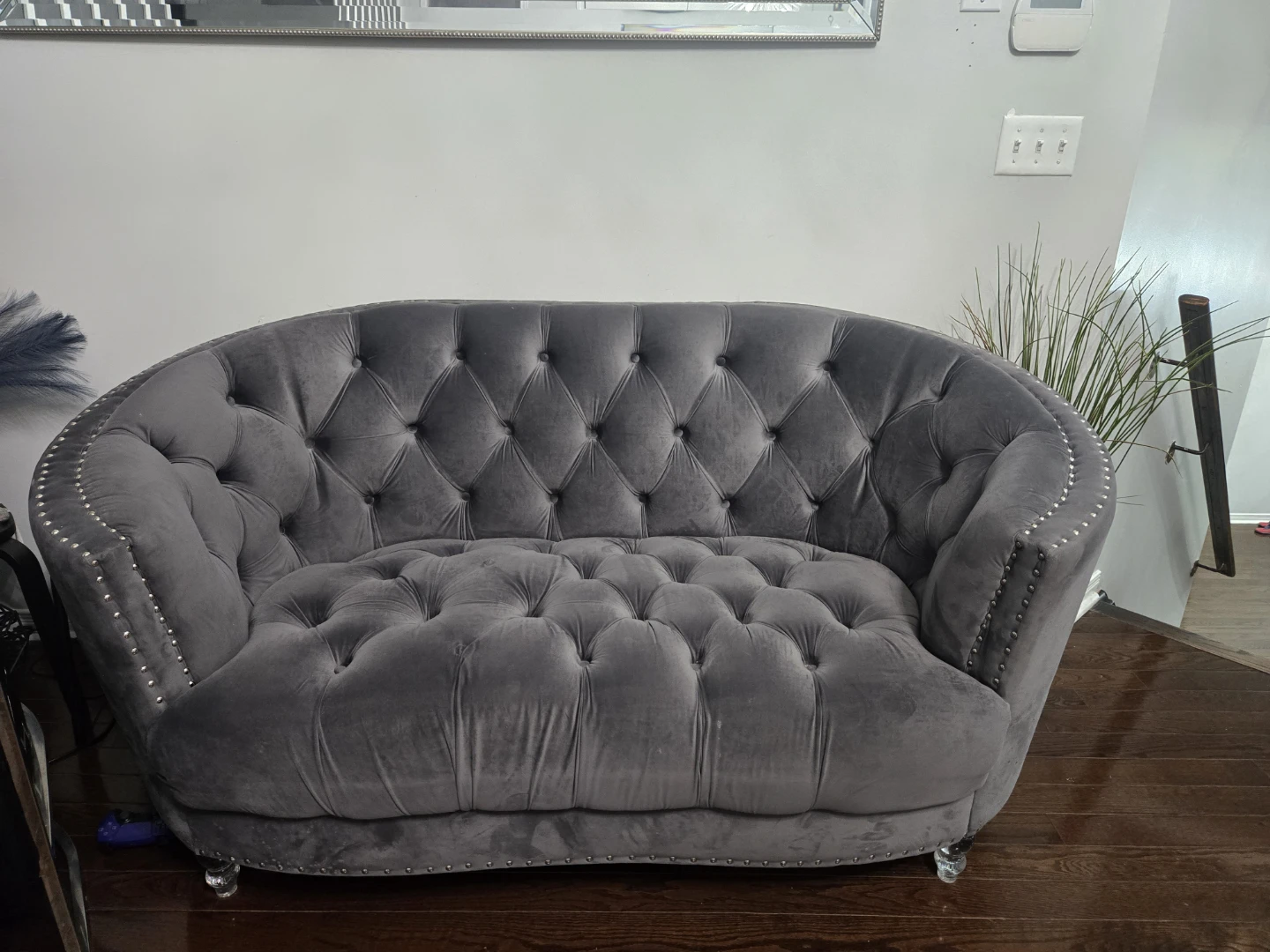 Grey Velvet Tufted Loveseat