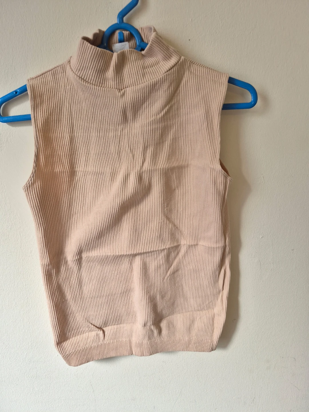 Sleeveless Mock Neck Ribbed Top - Beige