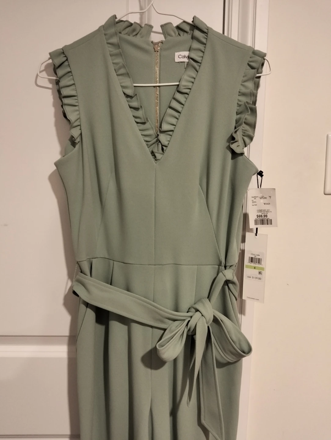 Calvin Klein Women's Sage Green Ruffle Detail Jumpsuit Size 4