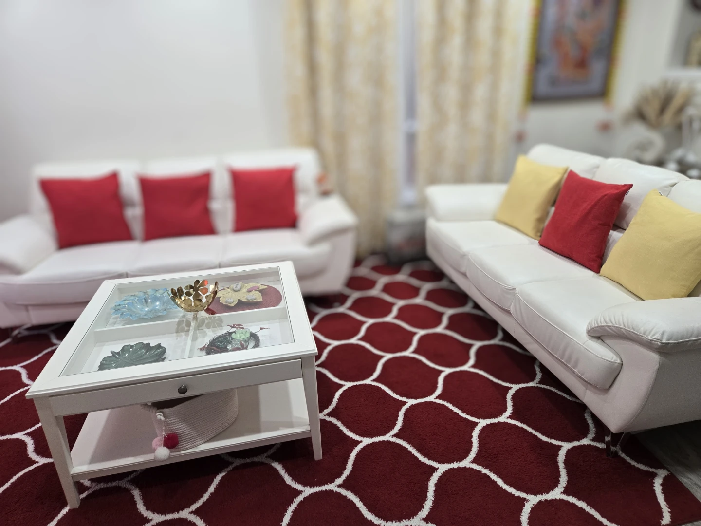 White Leather Sofa with Pillows