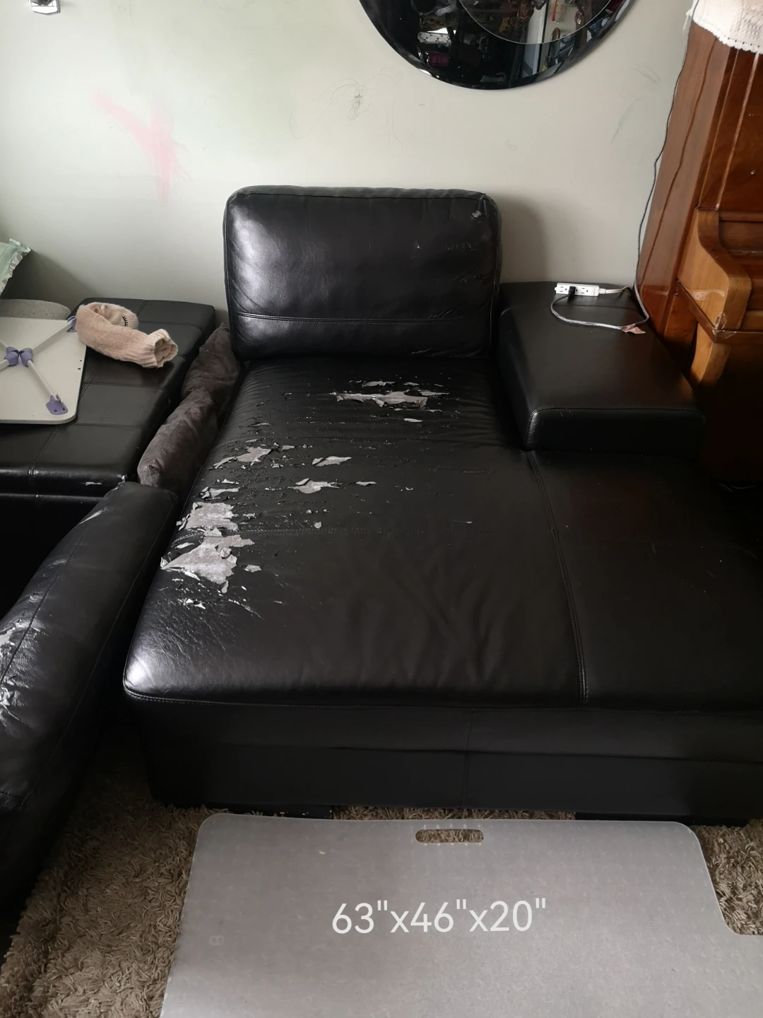 Black Leather Sectional Sofa Chaise - 63" x 46" x 20"