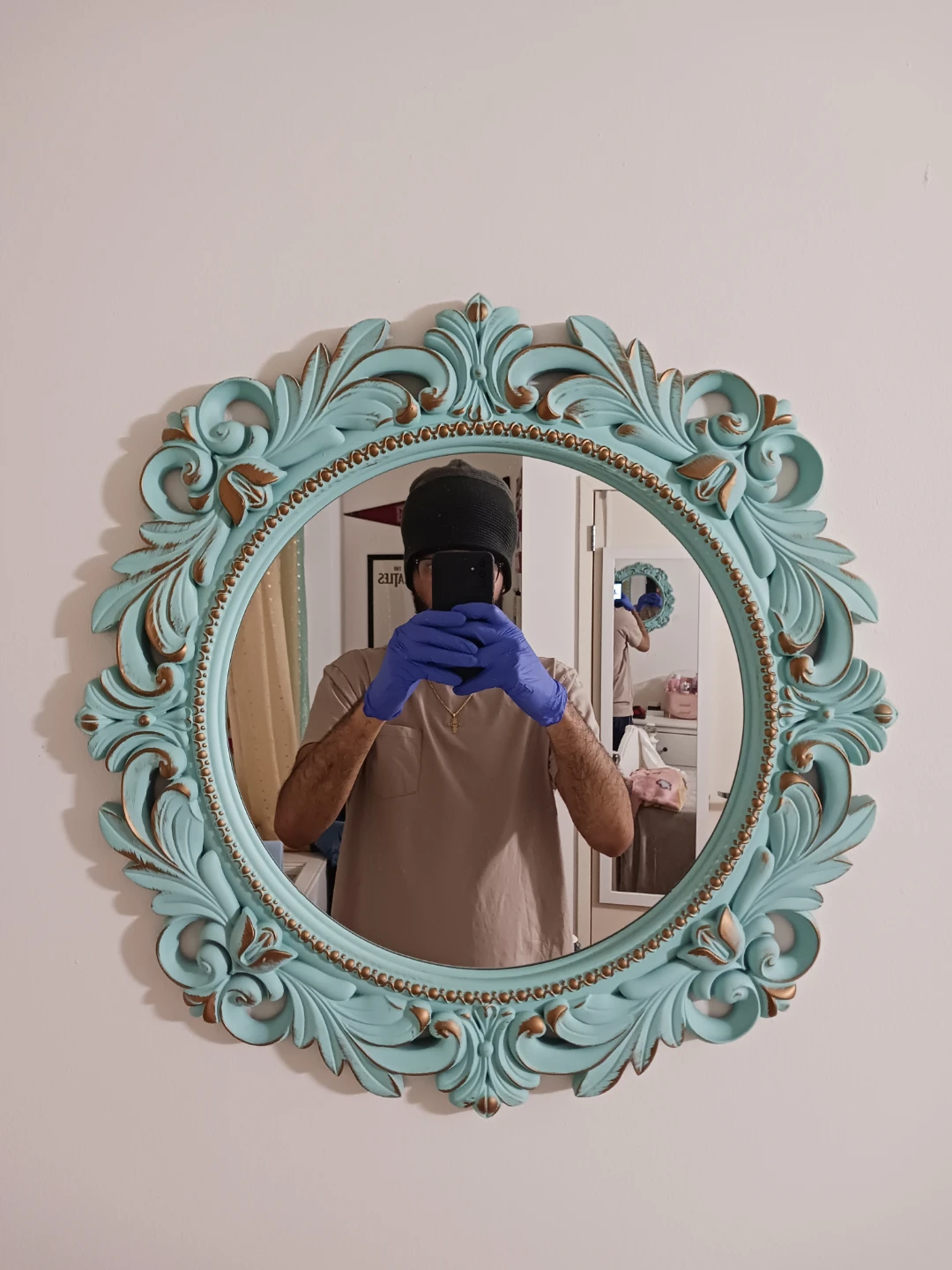 Ornate Round Wall Mirror – Mint Green Plastic Frame