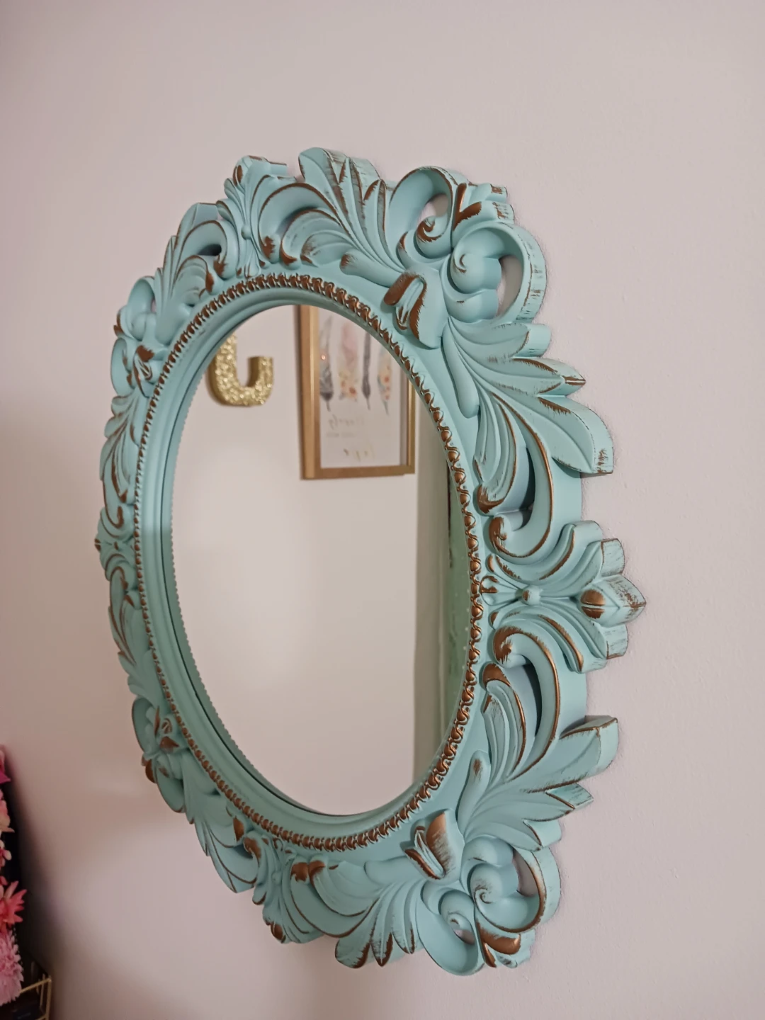 Ornate Round Wall Mirror – Mint Green Plastic Frame - photo 4