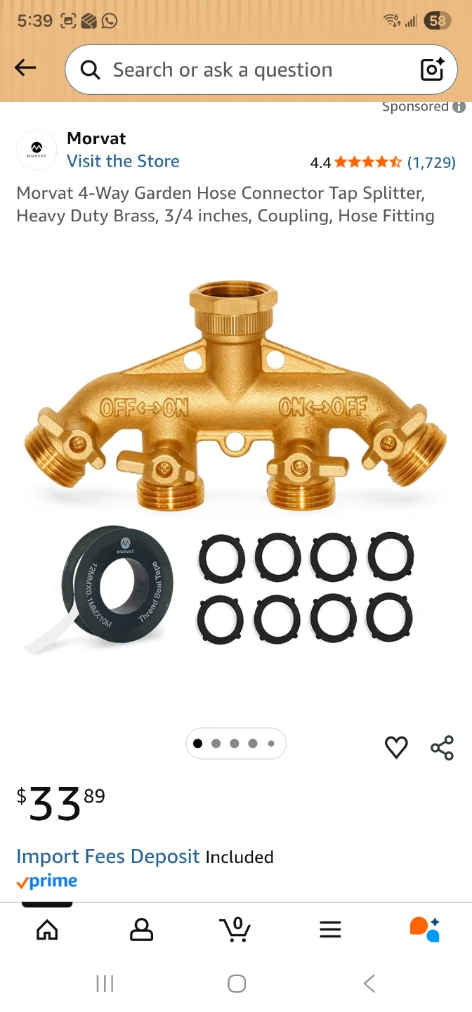 Morvat 4-Way Brass Garden Hose Connector Tap Splitter - photo 3