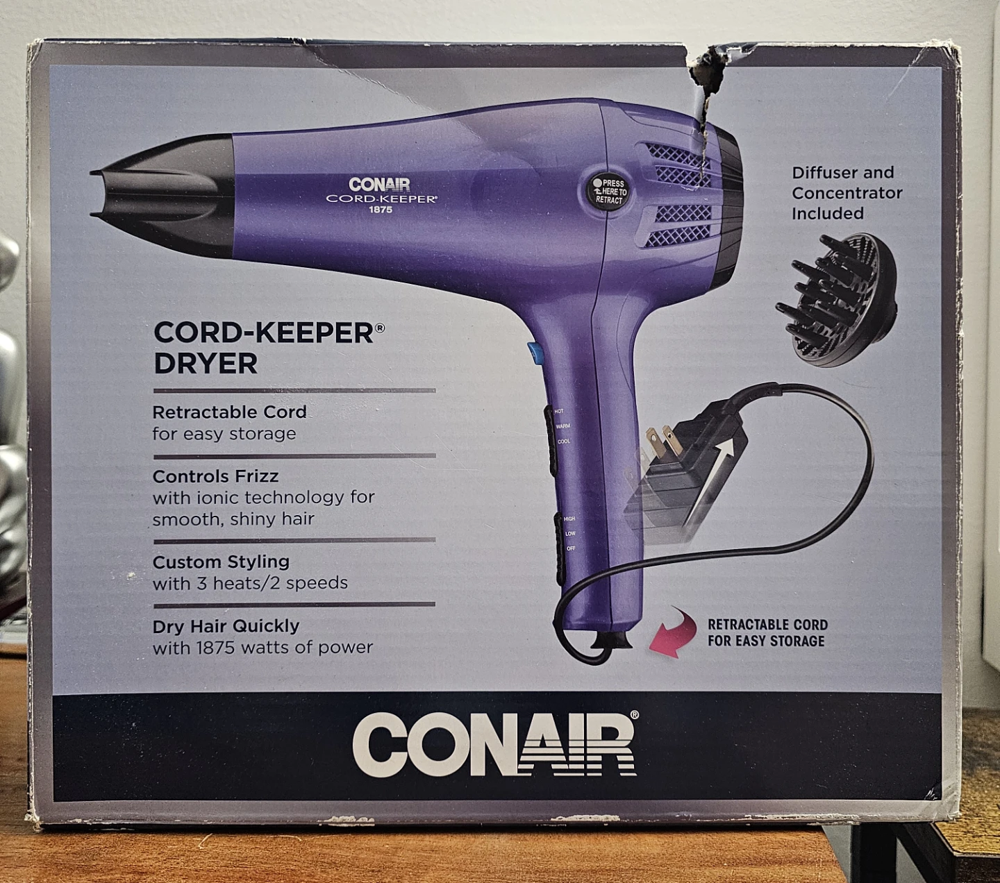 Conair Cord-Keeper 1875 Dryer w/ Diffuser and concentrator