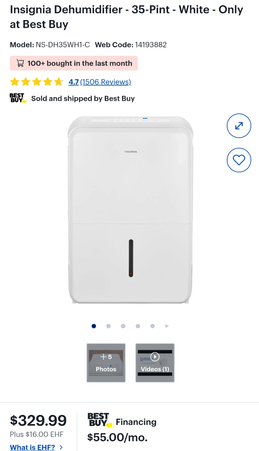 Clean Insignia Dehumidifier (35 Pint) – Great for Basements! 💧