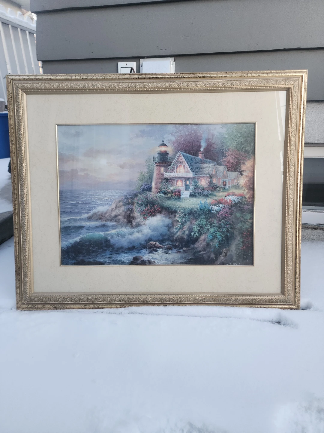 Framed Lighthouse and Cottage Art Print