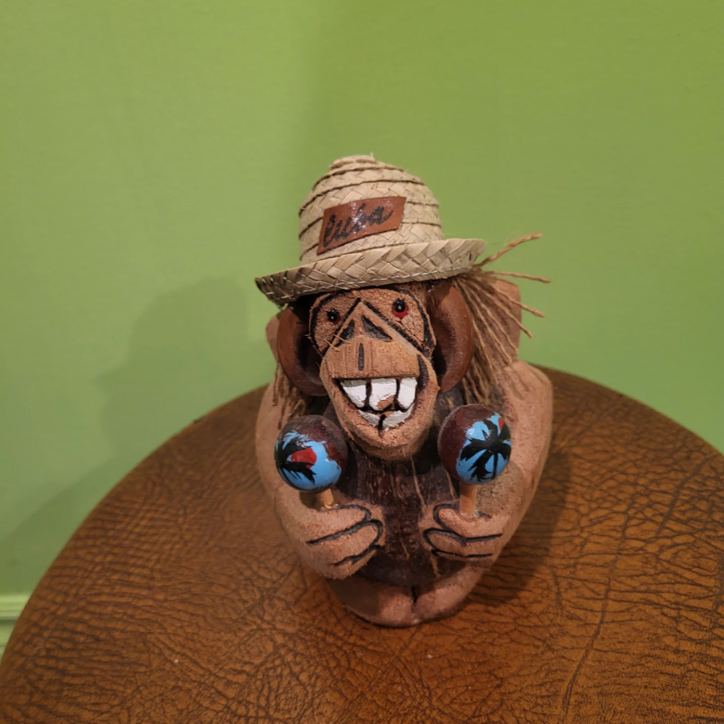 Coconut Monkey Figurine with Straw Hat