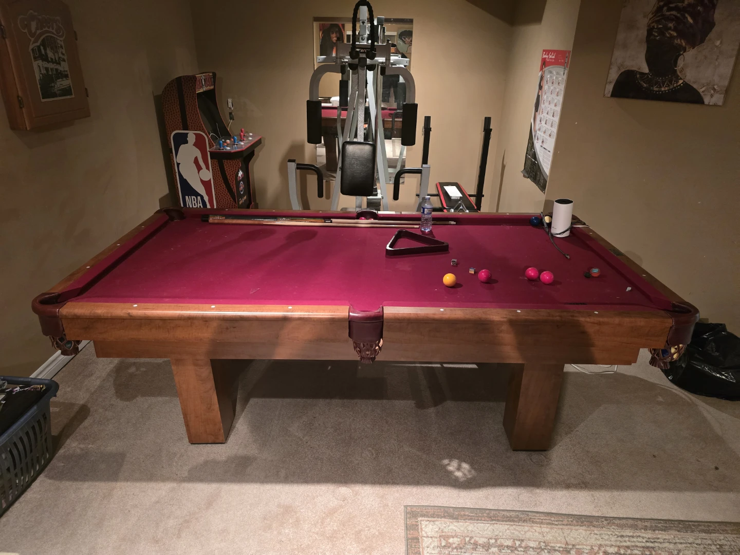 Pool Table with Burgundy Felt
