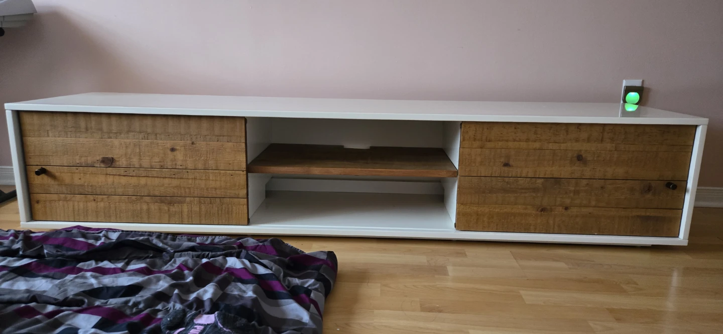 White TV Stand with Rustic Wood Doors