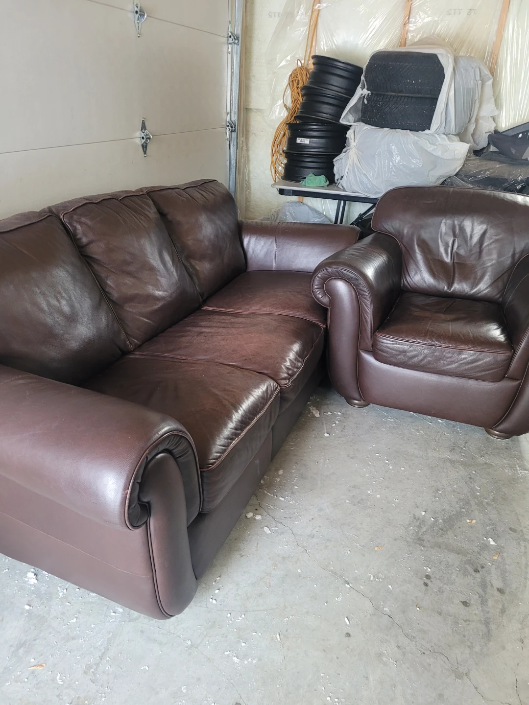 Brown Leather Sofa and Armchair Set