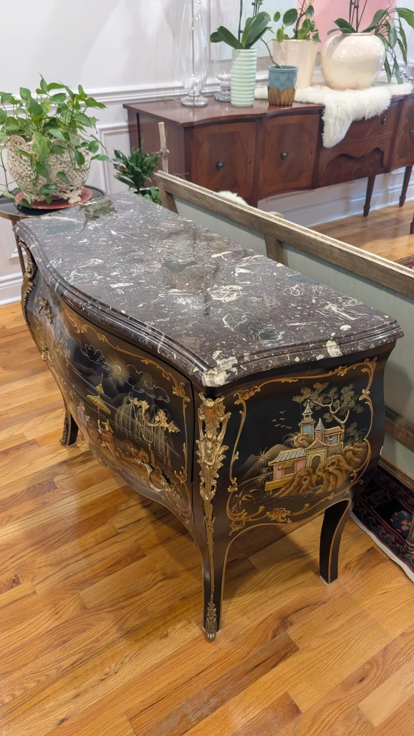 Vintage French Chinoiserie Black Lacquer Bombe Commode - photo 3