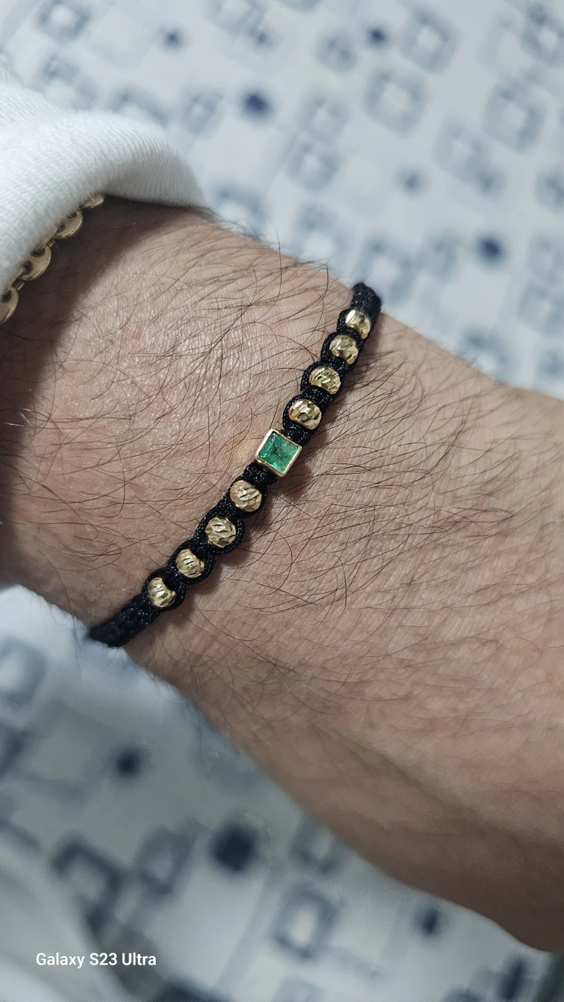 Handmade Black Cord Bracelet with Gold 18k Beads & Emerald