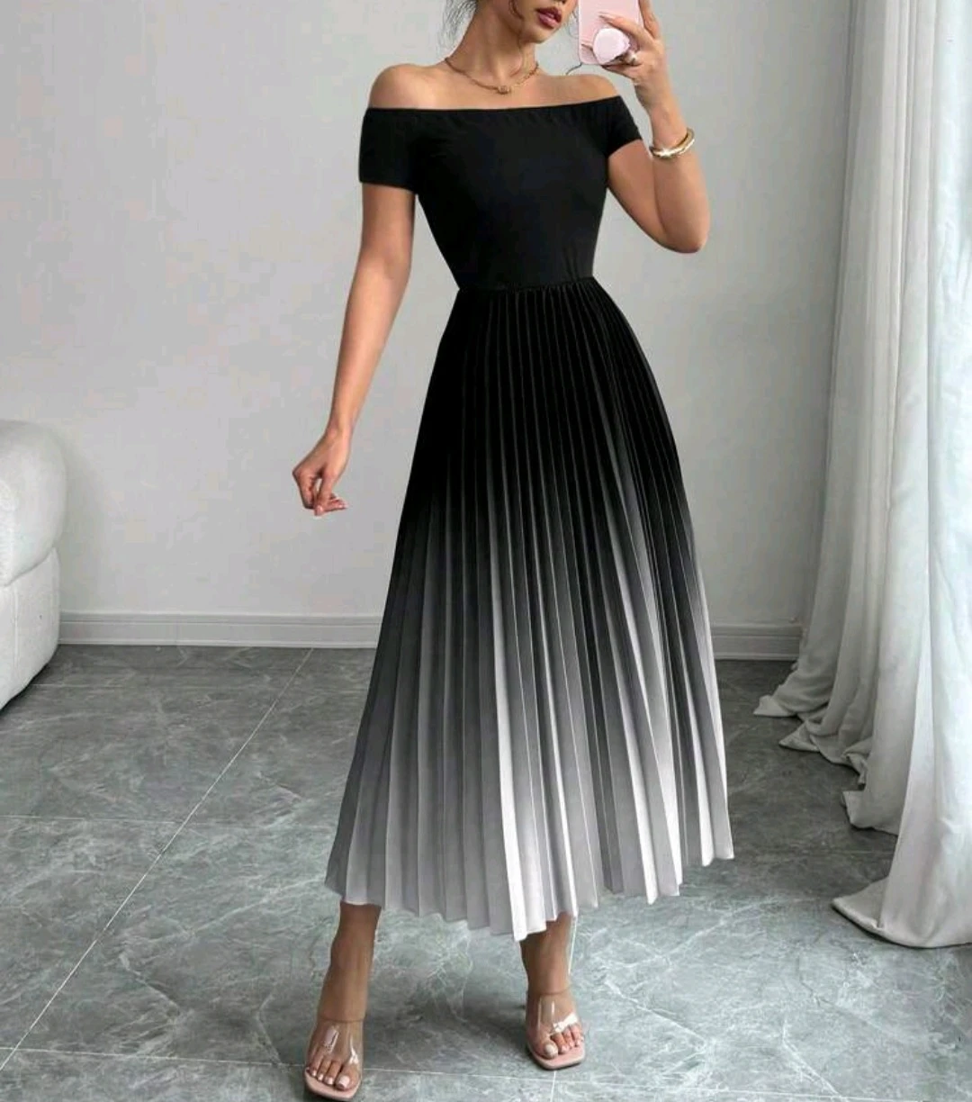 Ombre Pleated Off-Shoulder Midi Dress