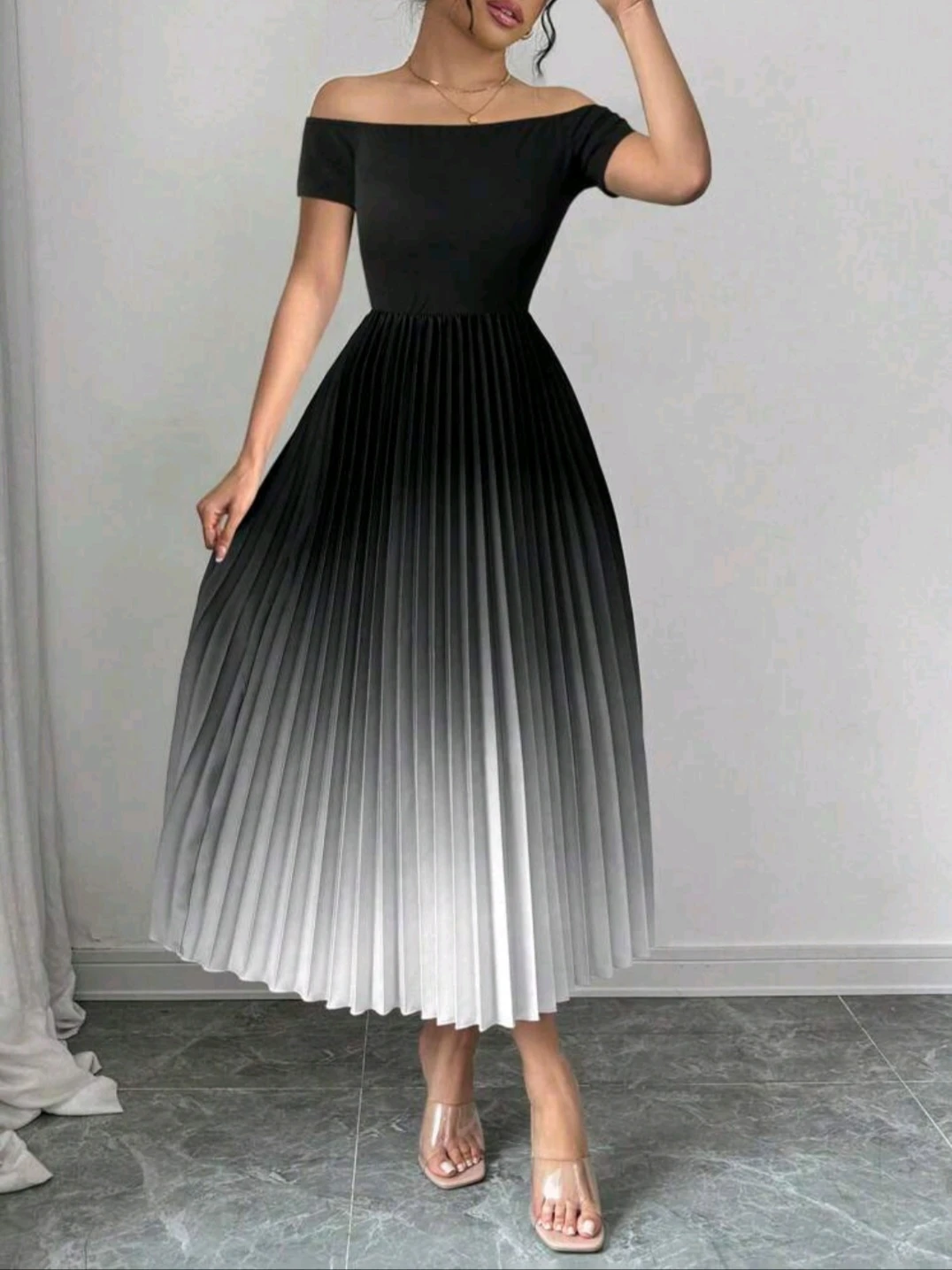 Ombre Pleated Off-Shoulder Midi Dress - photo 5