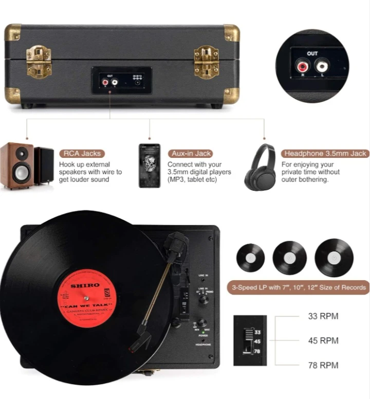 NEW!   Retrolife 3-Speed Bluetooth Suitcase Turntable - photo 3