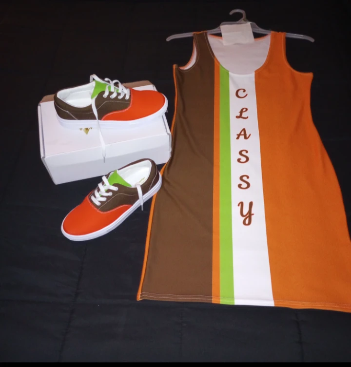 Dress & Shoes Set - Orange, Brown, & Green