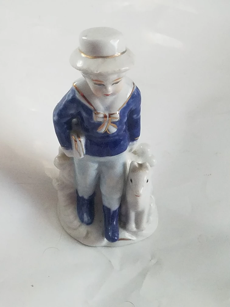 Vintage Blue White Porcelain Boy In Sailor Suit With Dog