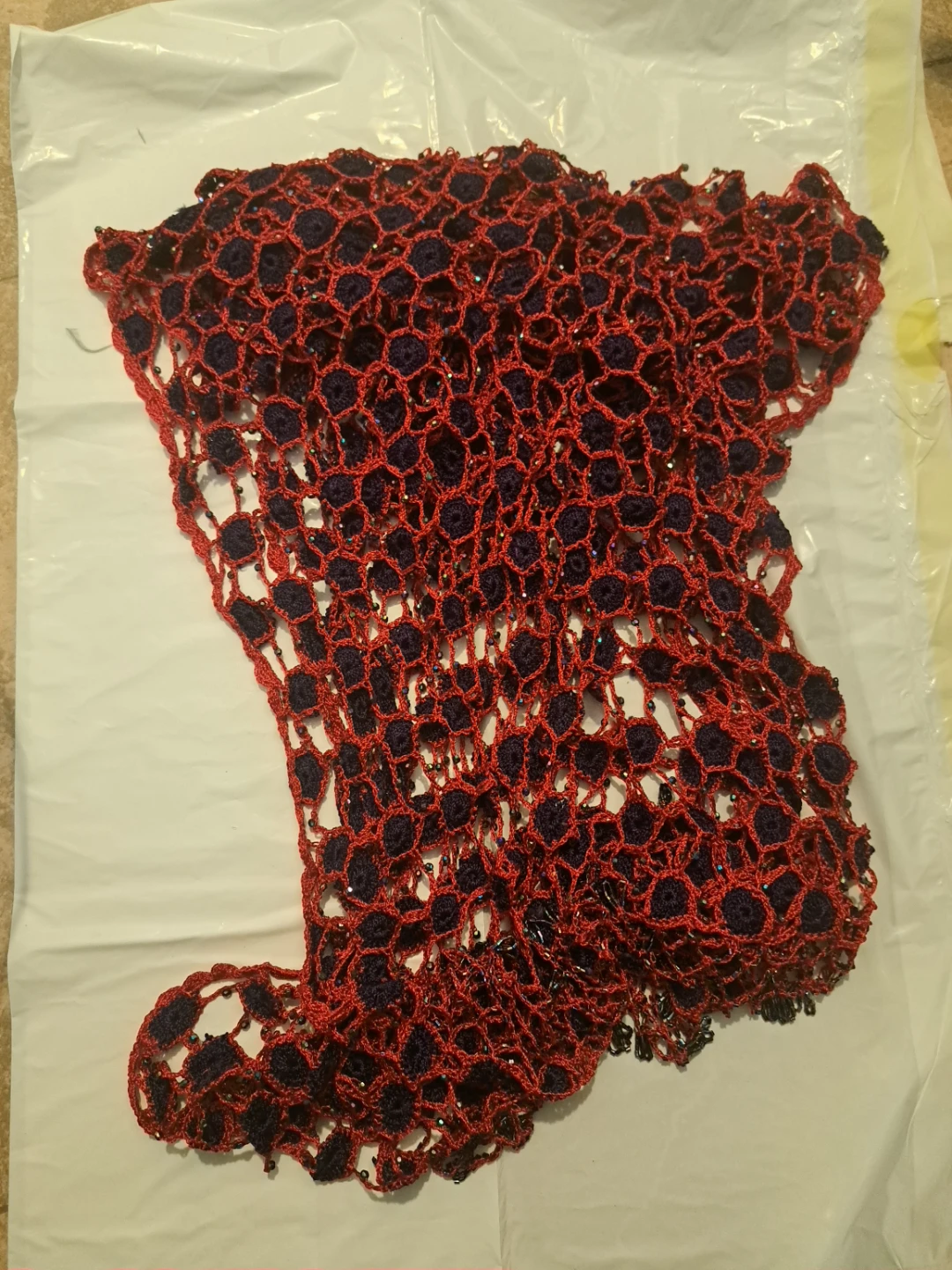 Red and Navy Blue Crocheted Scarf with Beads - photo 2