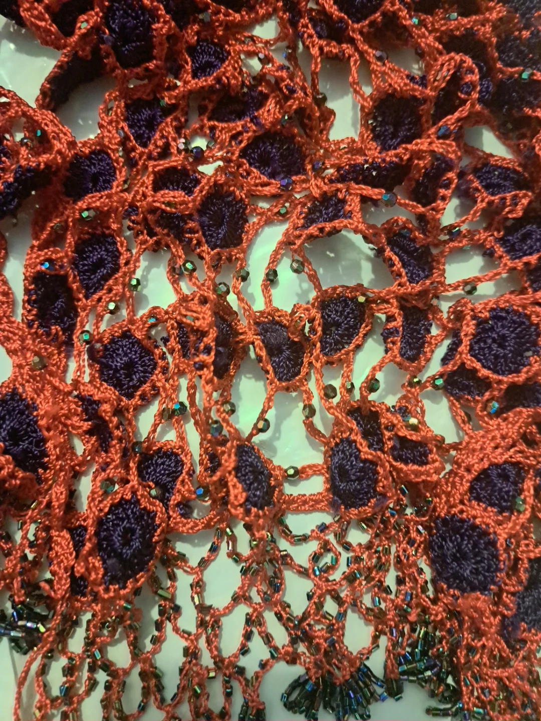Red and Navy Blue Crocheted Scarf with Beads - photo 4