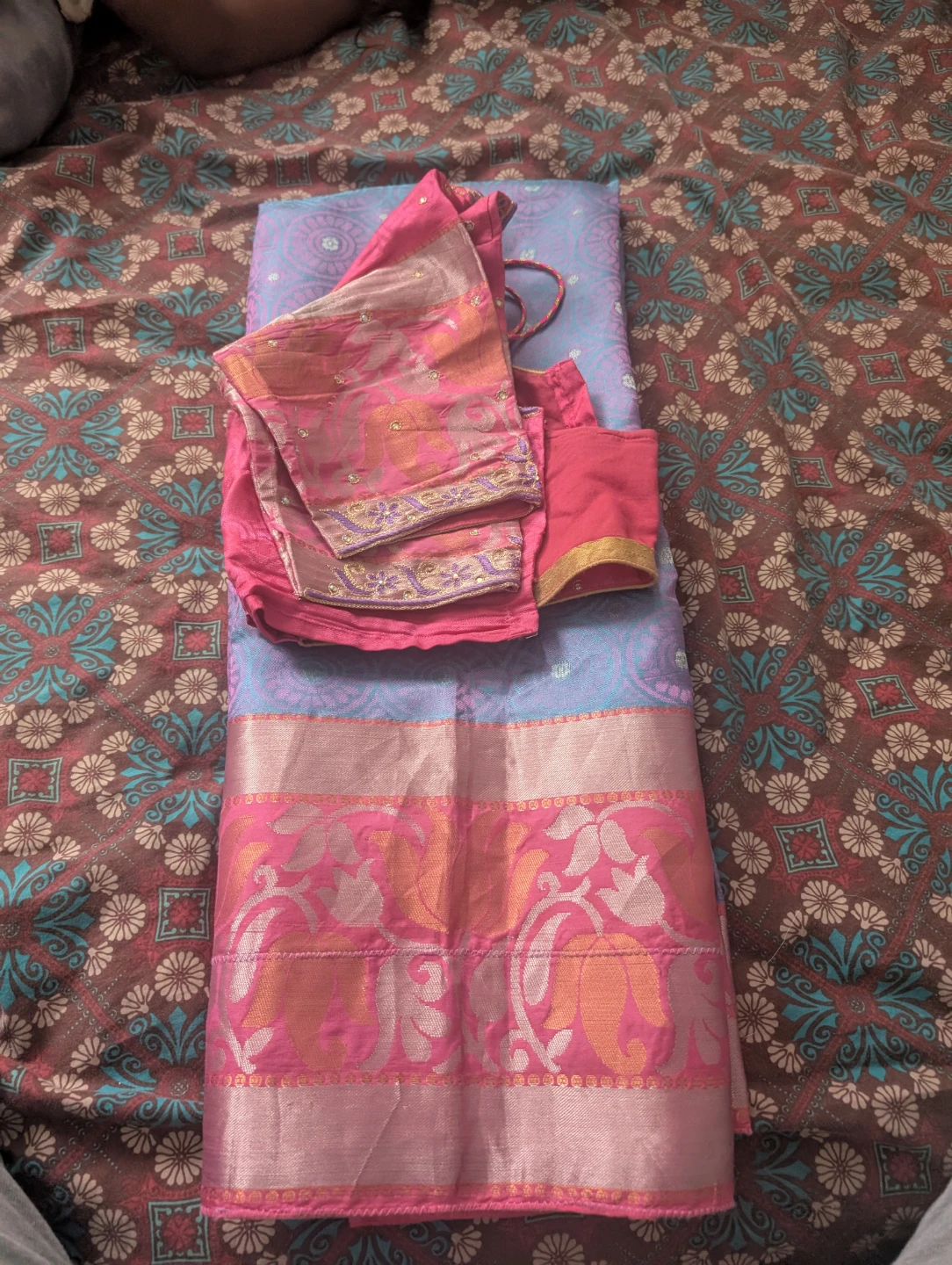 Light Blue and Pink Saree with Blouse Piece