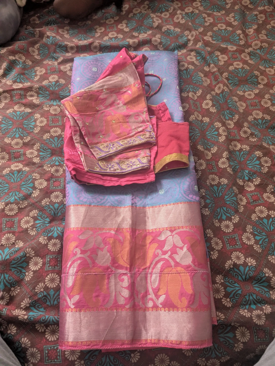 Light Blue and Pink Saree with Blouse Piece - photo 2