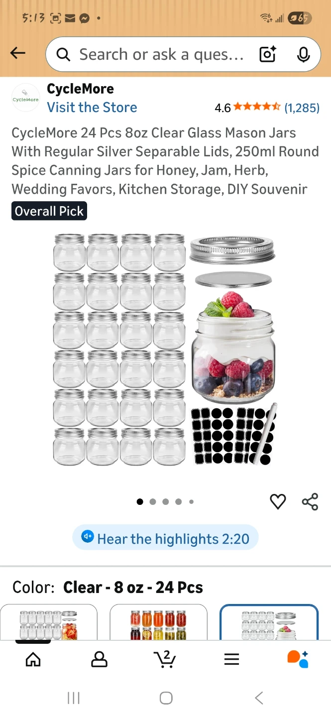 CycleMore 8oz Mason Jars with Labels & Pen - 24 Pack