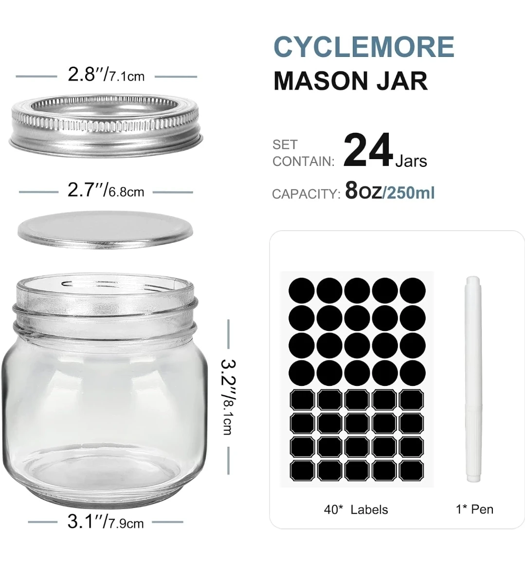 CycleMore 8oz Mason Jars with Labels & Pen - 24 Pack - photo 3