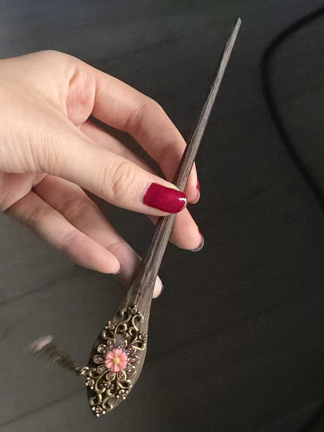 Ornate Wooden Hair Stick with Flower Detail