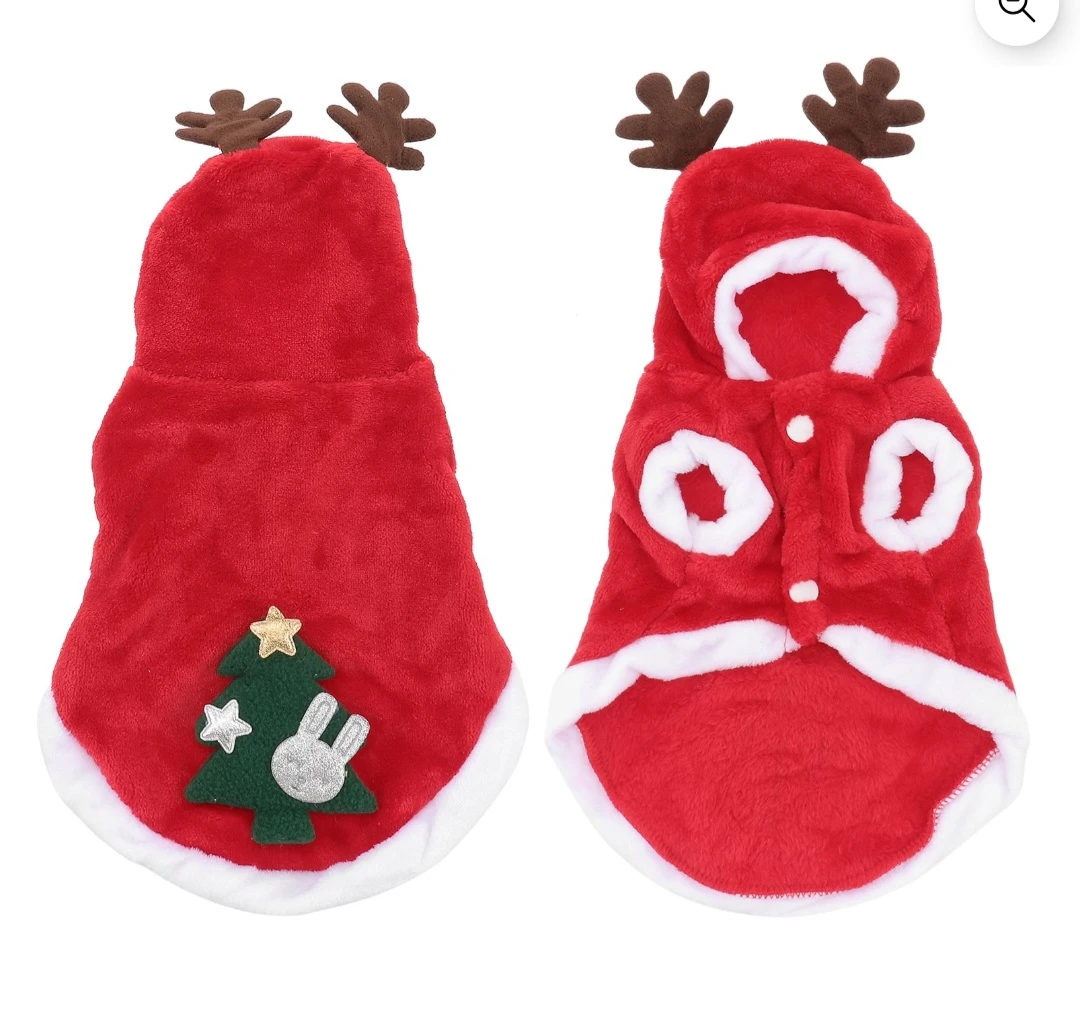 Red Christmas Dog Hoodie with Tree & Antlers - Size XL