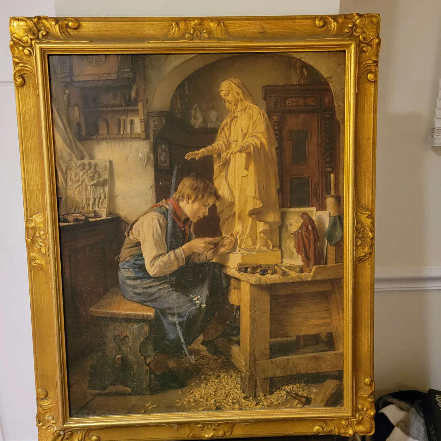 Antique Oil Painting of a Woodcarver's Workshop