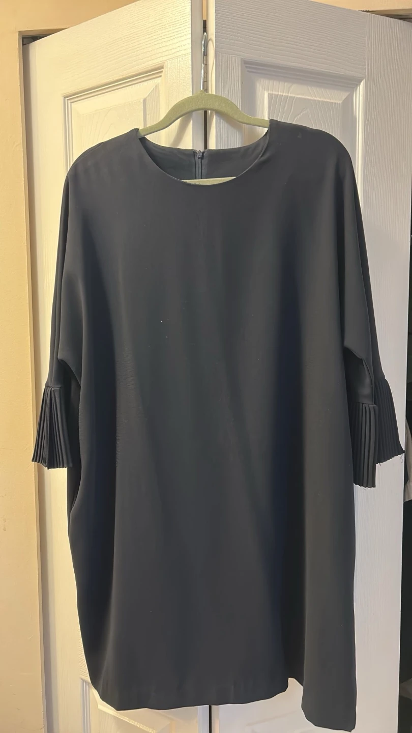 Elegant Black Shift Dress with Pleated Bell Sleeves
