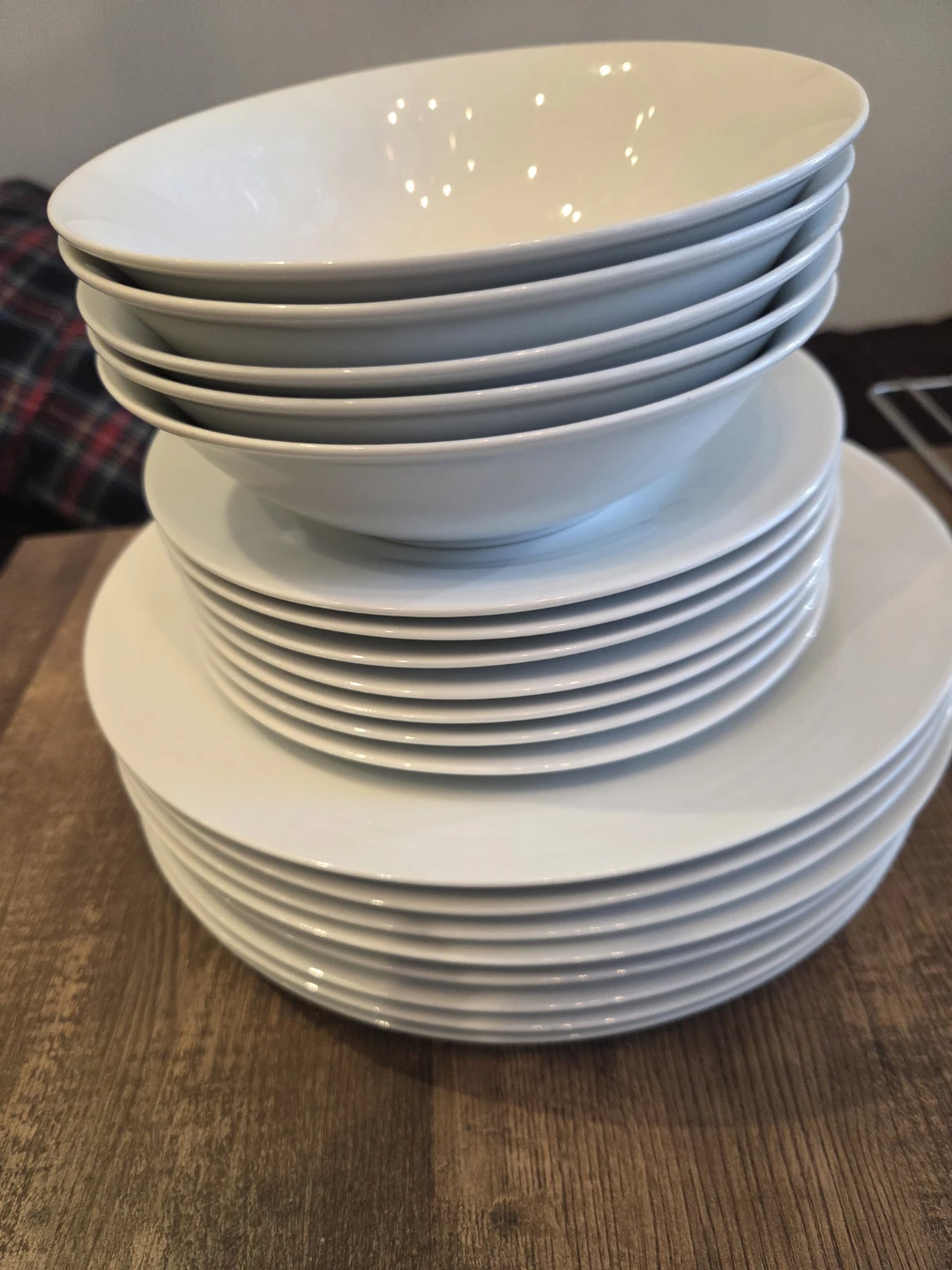 Set of 12 White Dinner Plates and 6 Bowls