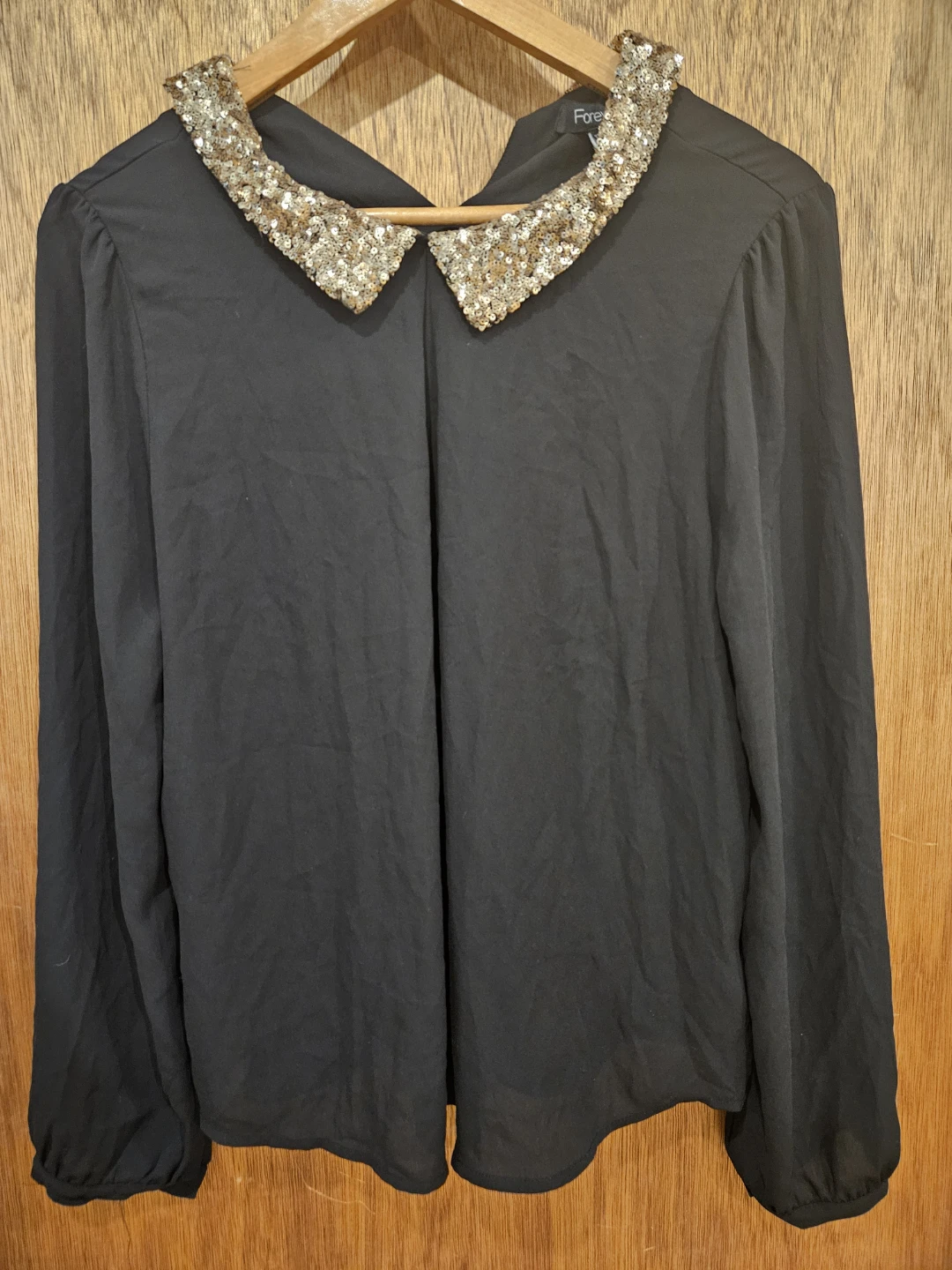 Forever 21 Black Sequin Collar Blouse Size M