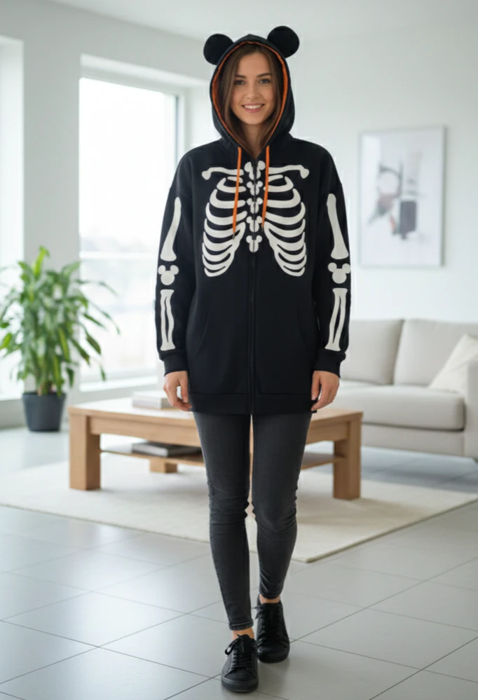 Skeleton Print Zip-Up Hoodie with Ears. Size XL. Port moody