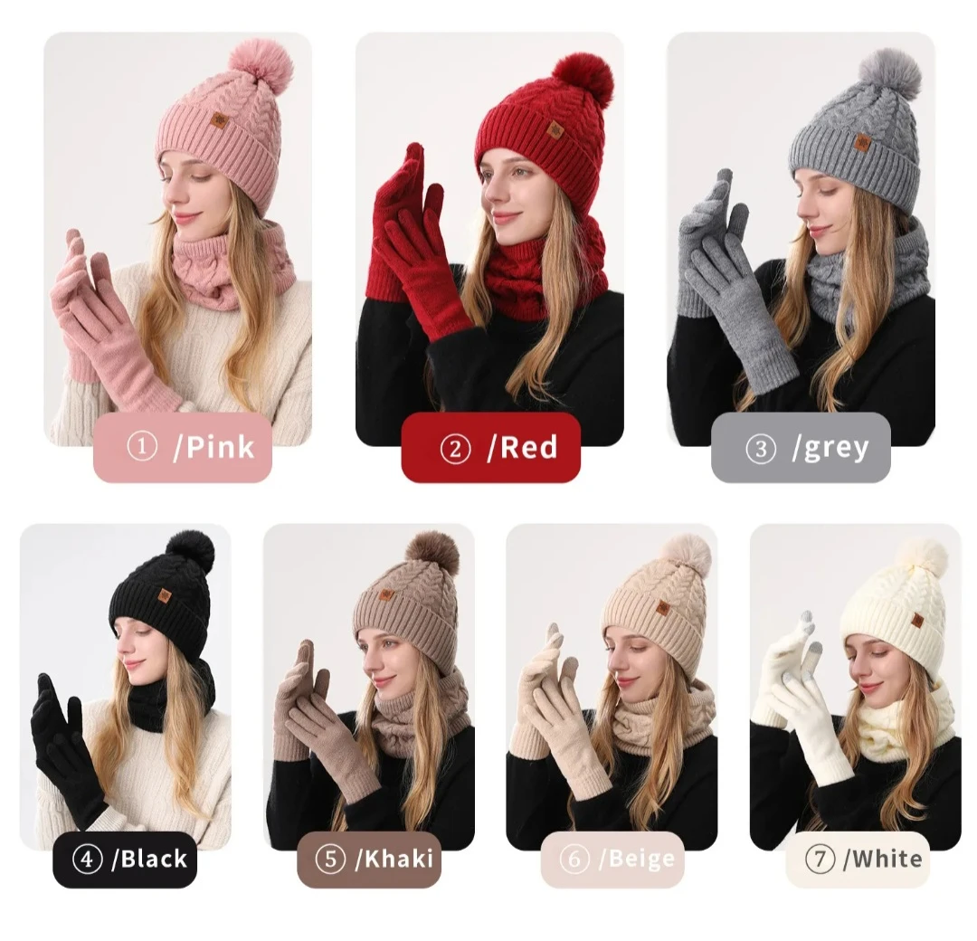 Pink Pom Pom Knit Hat, Scarf, and Gloves Set