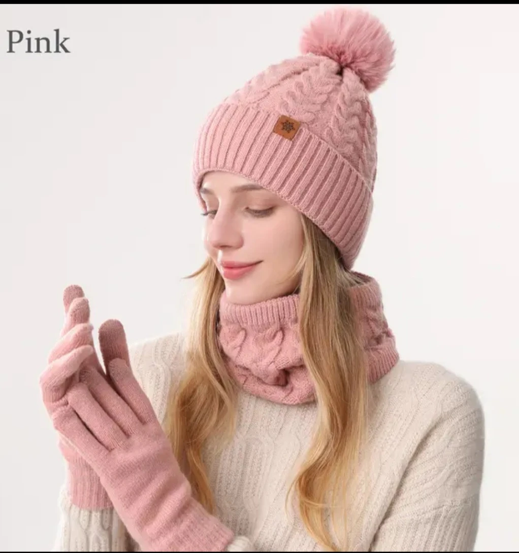 Pink Pom Pom Knit Hat, Scarf, and Gloves Set - photo 4